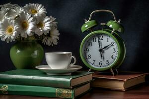 AI generated A book apple alarm clock and daisies on a flat surface, educational photo