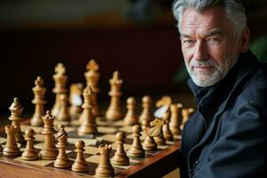 AI generated Elderly gentleman and chess, active seniors lifestyle images photo