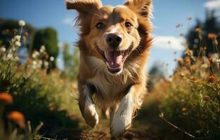 AI generated Brown dog happily playing on grassy field, animal photography pics photo