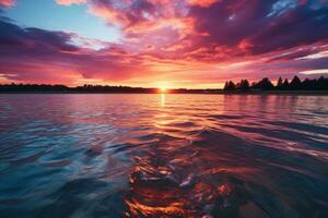 ai generado vistoso puesta de sol adorna el lago, amanecer y puesta de sol fondo de pantalla foto