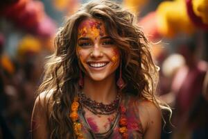 AI generated Women embracing the radiant spirit of holi in a burst of colors, holi festival image download photo