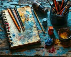 AI generated Colorful pencils notebook and art supplies on wood, diverse education and teachers day image photo