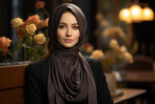 AI generated Office professionalism portrayed by a woman in a black hijab with a computer display, eid and ramadan images photo