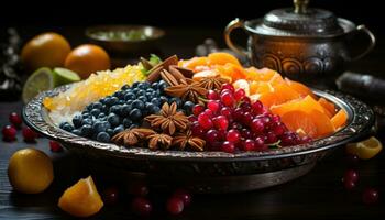 ai generado un abundante monitor de vívido y jugoso frutas en un elegante plato, eid y Ramadán imágenes foto