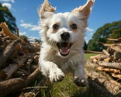 AI generated Small dog happily running through grassy field, animal photography pics photo