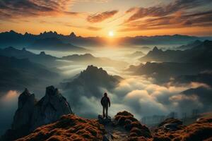 AI generated Hiker sunrise above the cloudscape, cloudscape, mountain scenery photo