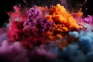 ai generado fumar y color revelando el misterio de holi polvo en un ahumado, holi festival imágenes hd foto