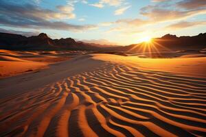 AI generated Dreamlike atmosphere in desert sunrise, sunrise and sunset wallpaper photo