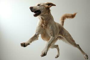 AI generated An energetic dog through the air against a white backdrop, pet photography photo