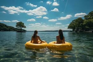 AI generated Two women having fun with an inflatable ring in the sea, best summer image photo