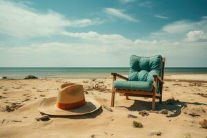 AI generated Hat topped beach chair inviting relaxation by the shore, summer landscape image photo