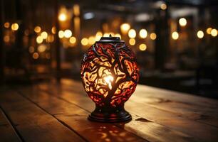 ai generado tranquilo escena con un decorativo lámpara fundición calentar ligero en un pulido de madera superficie, eid y Ramadán imágenes foto