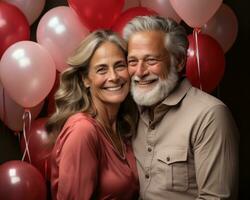 AI generated Middle aged pair near vibrant balloons, active seniors lifestyle images photo