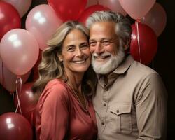 ai generado medio Envejecido par cerca vibrante globos, activo personas mayores estilo de vida imágenes foto