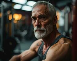 AI generated A healthy grandpa at the gym, diverse active seniors pictures photo