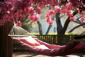 AI generated Relaxing in hammock amidst flowering tree, spring session photos