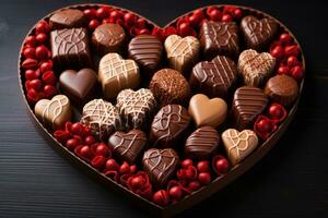 ai generado corazón conformado chocolates arreglado en un fascinante patrón, enamorado, Fechado y amor propuesta imagen foto