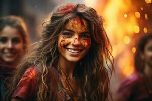AI generated Holi delight girls immersed in colorful revelry, holi festival image download photo