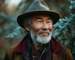 AI generated Smiling grandpa in the park with beard and hat, diverse active seniors pictures photo