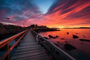 ai generado muelle silueta y gaviotas en vistoso cielo, amanecer y puesta de sol fondo de pantalla foto