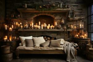 AI generated Stone fireplace mantle glowing with candlelight, engagement, wedding and anniversary image photo