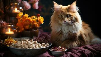 ai generado gato comiendo comida desde metal cuenco en mesa, linda Doméstico mascota imagen foto