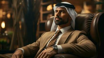 AI generated Arabic businessman engaged in corporate activities in a contemporary office space, eid and ramadan images photo