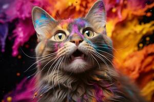 AI generated Playful paws pet joining the holi, holi festival image download photo