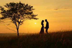 AI generated Silhouetted couple on a hill with proposal at sunset, engagement, wedding and anniversary image photo