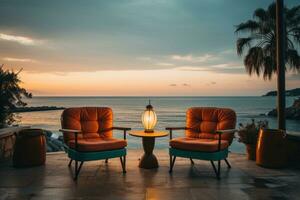 AI generated Outdoor pool lounge chairs and sunset over the ocean, summer landscape image photo