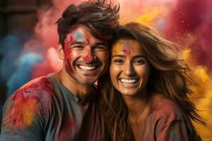 AI generated Indian couple sharing colorful powder in holi celebrations, holi festival image download photo