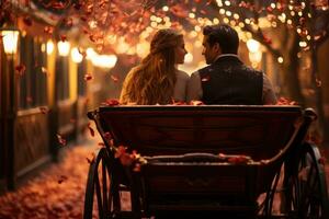 AI generated Horse drawn carriage journey through a charming town with a proposal, valentine, dating and love proposal image photo