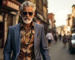 AI generated Aged gentleman in stylish suit roaming city street, happy active seniors images photo