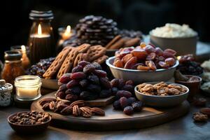 AI generated Date infused delights showcased on a tempting dessert table, eid and ramadan images photo