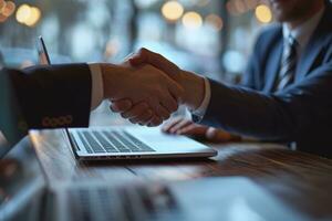 AI generated Two professionals seal a deal over a laptop, business meeting image photo