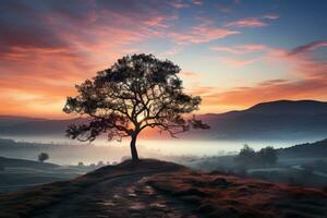 ai generado inmovilizado por la niebla tranquilidad solitario árbol a amanecer, amanecer y puesta de sol fondo de pantalla foto