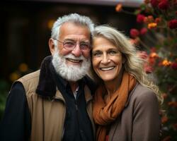 AI generated Elderly couple smiling brightly in nature, diverse active seniors pictures photo