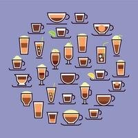 Types of coffee. Hot drinks in glass cups with milk. Espresso, latte with cream. Recipe, proportions vector