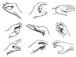 Engraved holding hand gesture. Keep in hands, vintage hand drawn gestures and hold in palm sketch vector illustration set.