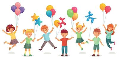 Kids with balloons. Happy children jumping and holding balloons of different shapes as dog and star and size. vector