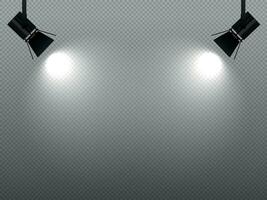 Spotlight shining with white light on corners. Projector or flood lamp shining bright, illumination effect vector