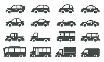 Car icons. Black vehicle silhouettes, automobiles for travel, auto models. Sedan, truck and suv, bus and other transport vector signs