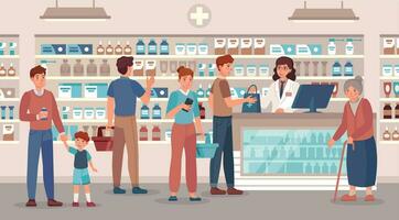 Pharmacy store. Pharmacist sells various medications people, medical consultation and buying medication in drugstore vector illustration