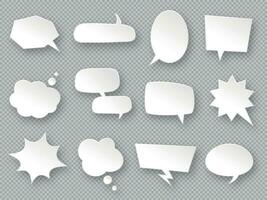 Thought balloons. Paper speech bubbles, white communication messages clouds, dream tag, discussion labels, blank dialog chats vector set