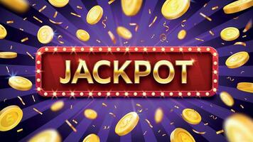 Jackpot banner with falling gold coins and confetti. Casino or lottery advertising. Prize in gambling game vector