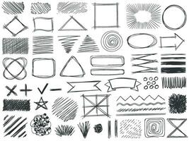 Sketch shapes. Monochrome scribble symbols, drawing pencil frame, stroke and shade, hatched shaded badge round and square shape vector set