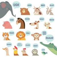 Animals sounds. Cute animal making sounds cat and dog, sheep and cow, pig and hen, horse and lion, bear and monkey cartoon vector set