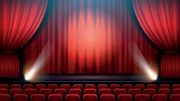 Theater show stage interior with red curtain, spotlight and theater chairs vector