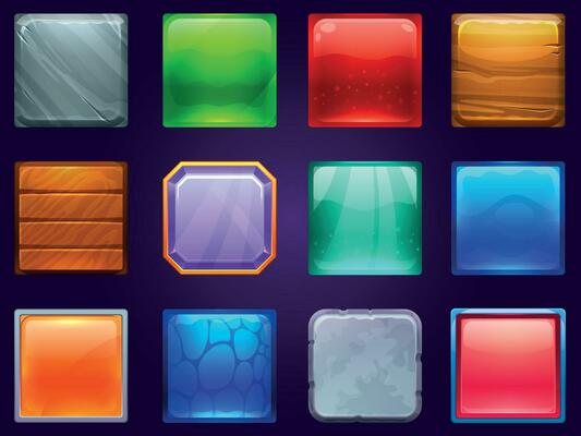 Game UI square buttons. Metal steel, wooden and diamond button frame. Cartoon glossy buttons for kids games vector illustration set