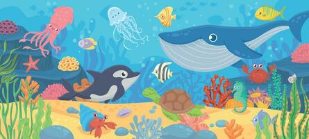 Underwater ocean life. Dolphin, exotic fishes and crab, squid. Bottom seaweeds, sea turtle and marine reef animals. Cartoon vector seascape
